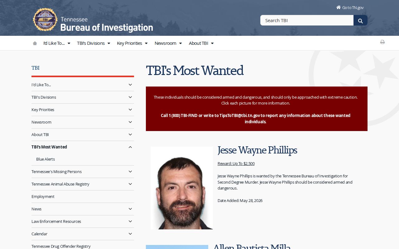 Tennessee Bureau of Investigation statewide most wanted bulletin