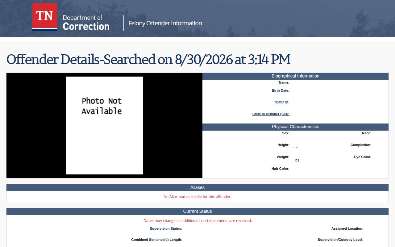 Tennessee TDOC offender photo and custody record interface for Hawkins County follow-up